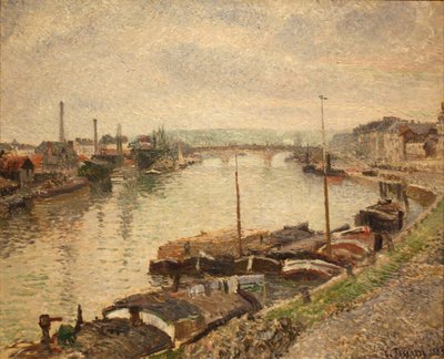 El Puente de Piedra y Barcazas en Rouen de Camille Jacob Pissarro